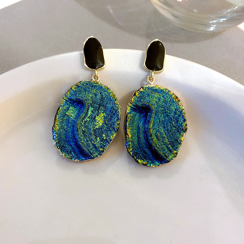 Wholesale Silver Needle Wrinkled Blue Irregular Metal Earrings